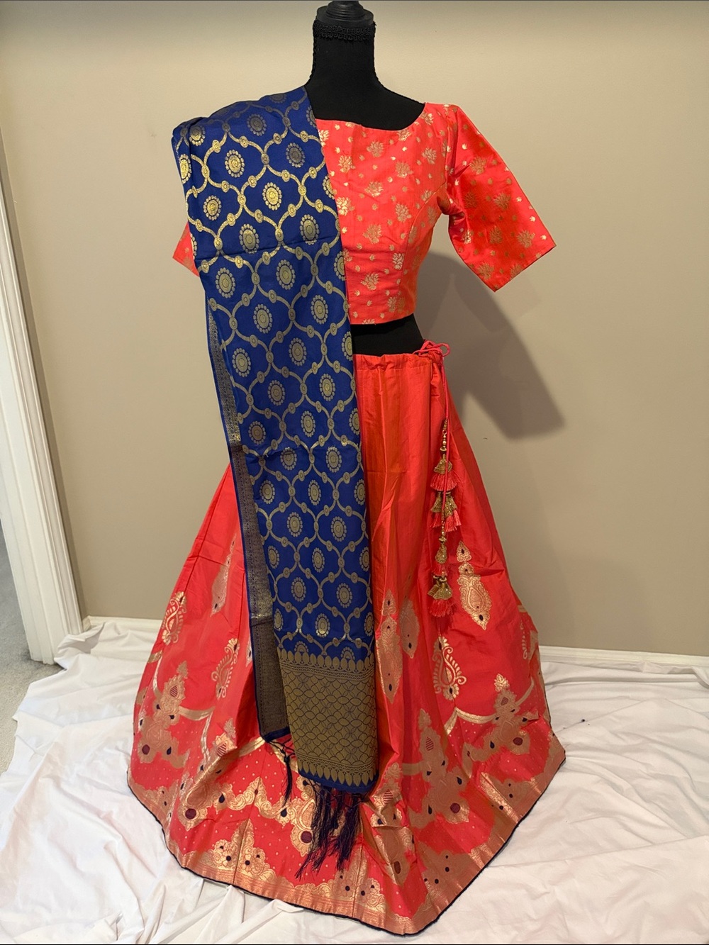 Women's Coral and Blue Silk Brocade Lehenga Set with Gold Motifs